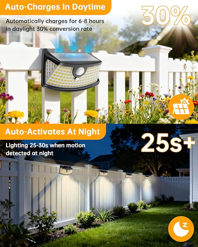 Aootek New Solar Motion Sensor Lights 120 LEDs with Lights Reflector270° Wide Angle IP65 Waterproof Step Lights for Front Door Yard Garage Deck (Black Warm White 4-Pack)