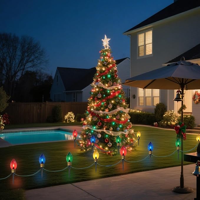 2 Pack Jumbo Christmas Pathway Lights Outdoor Total 14FT 8Pcs Multicolor Diamond Connectable Plug in Walkway Lights for Driveway Fence Yard Holiday Decor Green Wire