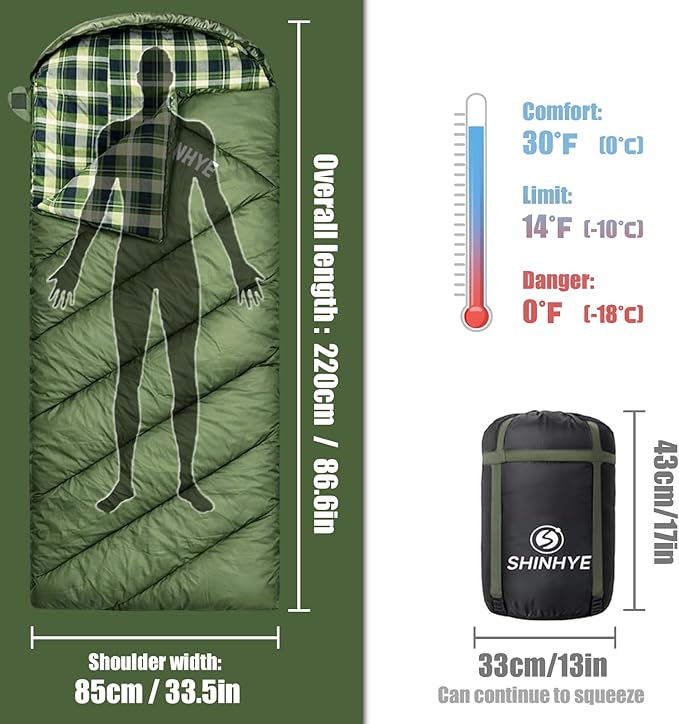 ShinHye 0 Degree Sleeping Bag for Adults - Cotton Flannel 4 Season Cold Weather Winter XXL Big and Tall Camping Sleeping Bag with Compression Sack