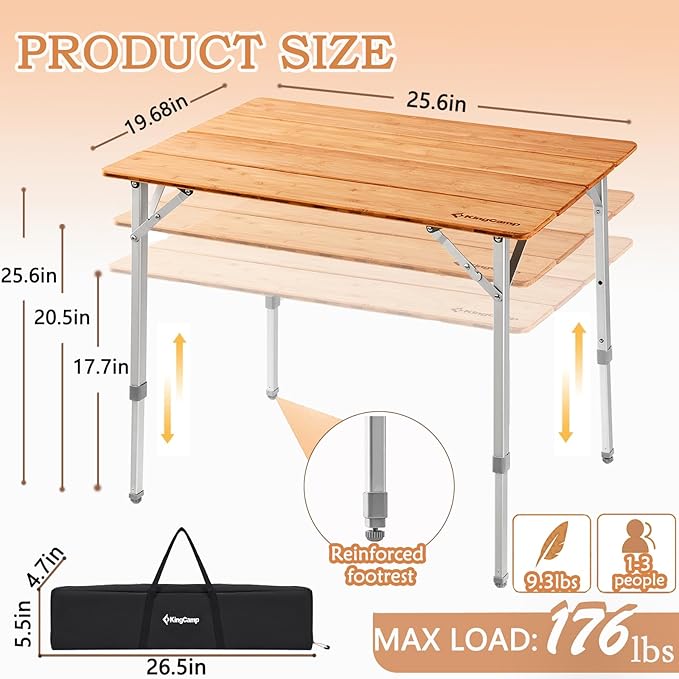 KingCamp Bamboo Folding Table Environmental Camping Table with Adjustable Height Aluminum Legs Heavy Duty 4-Folds Portable Camp Tables for Travel Picnic Party Beach 1-2 People
