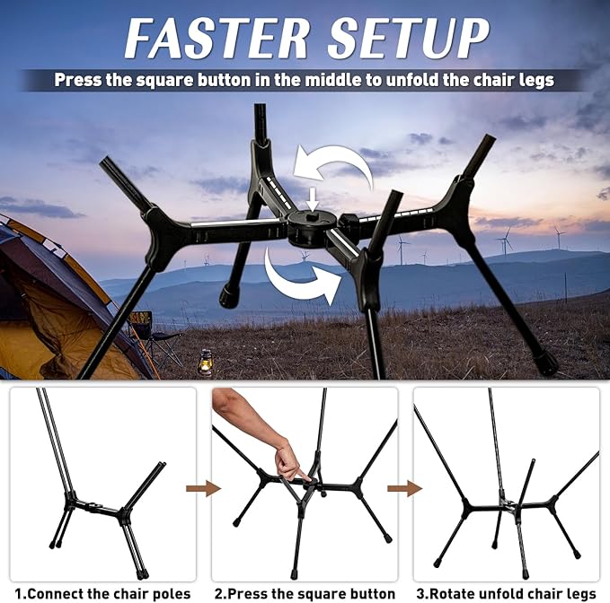 POMOLY Lightweight Camping Chair (Innovative Rotating Instant Setup) Portable Collapsible Camping Chair Folding Outdoor Backpacking Ultralight Hiking Hunting Compact 440lbs Capacity