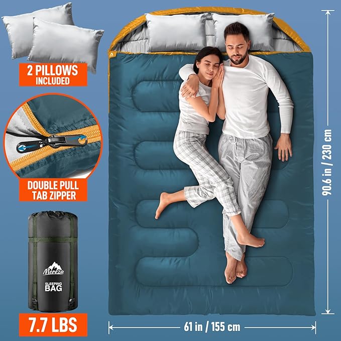 MEREZA Double Sleeping Bag for Adults Mens with Pillow XL Queen Size Two Person Sleeping Bag for All Season Camping Hiking Backpacking 2 Person Sleeping Bags for Cold Weather &amp Warm
