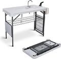 Outvita Fish Cleaning Table 42.5 HDPE Outdoor Fish Cleaning Station with Sink Extended Grid and Trash Can 360° Stainless Steel Faucet Drainage Hose Working Platform for Camping Food Handling
