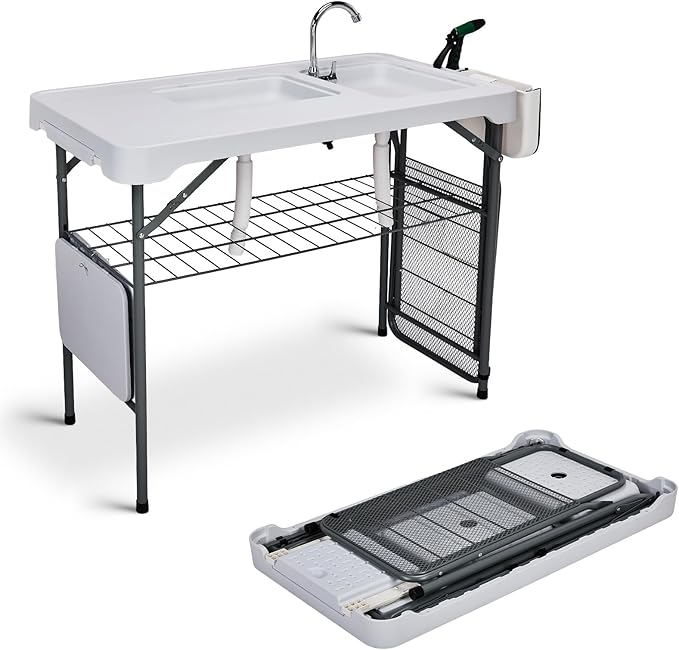 Outvita Fish Cleaning Table 42.5 HDPE Outdoor Fish Cleaning Station with Sink Extended Grid and Trash Can 360° Stainless Steel Faucet Drainage Hose Working Platform for Camping Food Handling