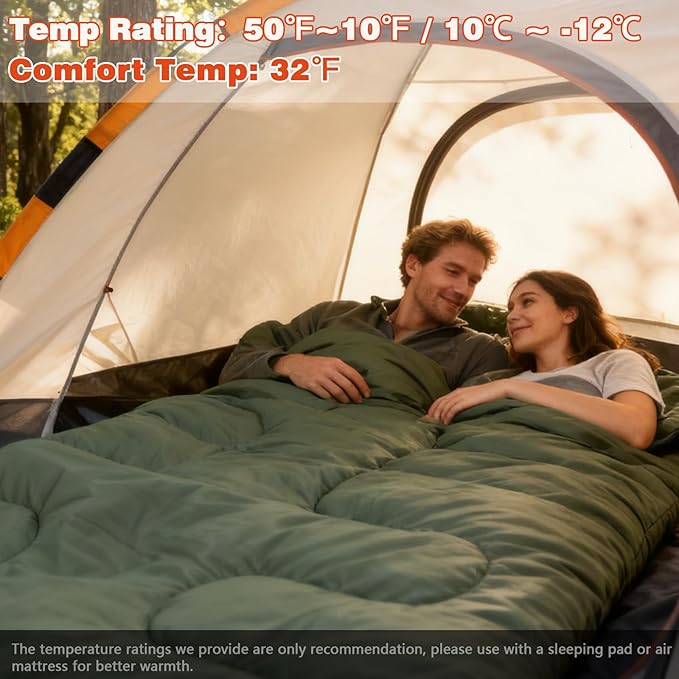0 Degree Double Sleeping Bag for Adults Queen Size 2 Person Sleeping Bag for Cold Weather with Compression Sack for Car Camping Hunting and Tent Camp