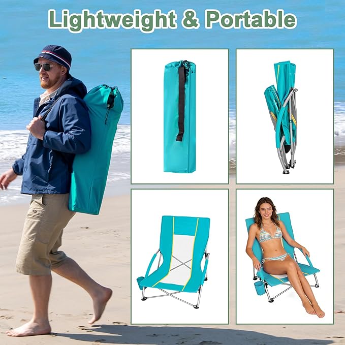 Romswi Low Beach Chairs for Adults 2 Pack Lightweight Folding Sand Chairs with Breathable Mesh Back &amp Cup Holder Portable Compact Camping Chairs 400lbs CapacityGreen