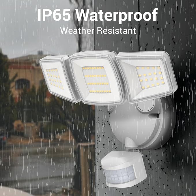 NOVOSTELLA Security Lights Motion Sensor 1Pack LED Flood Lights Outdoor with Remote Dusk to Dawn 45W 5000lm 5000K 3 Heads Wired Wall Adjustable Floodlights IP65 Waterproof for Garage Yard House