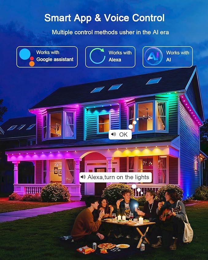 Permanent Outdoor Lights - 100FT Smart AI RGB+IC LED with 72 Lights IP67 Waterproof 75+ Scene Modes Alexa/Google/Remote Control Enabled DIY Music Sync for Christmas Holiday &amp Home Decor Whit