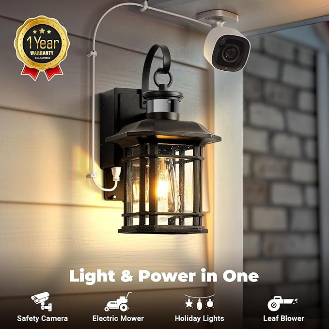 2 Pack Porch Light with GFCI Outlet Distance and Time Adjustable Motion Sensor Outdoor Lights Black Dusk to Dawn Outdoor Light with Outlet for House Garage Garden Waterproof Aluminum