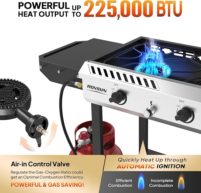 ROVSUN 3 Burner Outdoor Propane Gas Stove with Ignition Regulator &amp Side Shelves 225000 BTU Rolling Gas Stove Outdoor Cooker for Backyard Patio Cooking Home Camping Brewing Canning Turkey Fryin