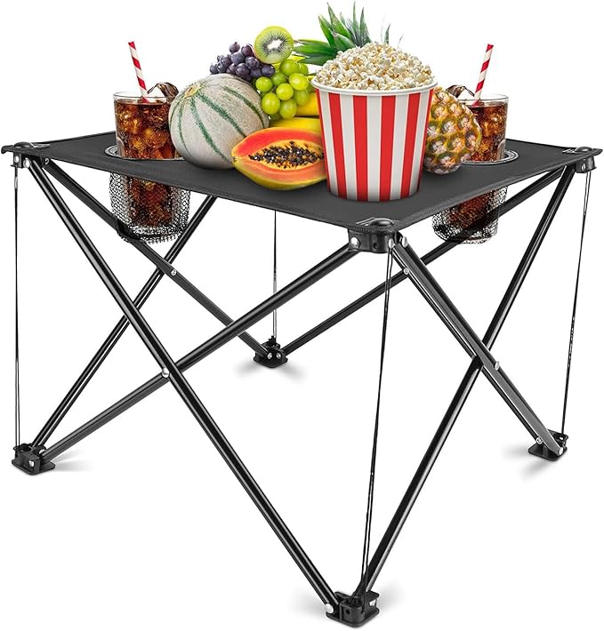 Folding Camping Side TableOutdoor Portable Camping Table W/2 Cup Holders&ampCarrying BagSteel Frame600D Oxford FabricLightweight Foldable Table for Beach Picnic Hiking Fishing