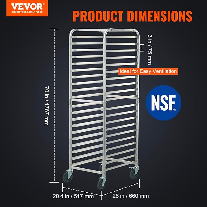 VEVOR Bun Pan Rack 20-Tier Commercial Bakery Racks with Brake Wheels Aluminum Racking Trolley Storage for Half &amp Full Sheet Speed Rack For Kitchen Home Bread Baking Equipment 26L x 20.4W x