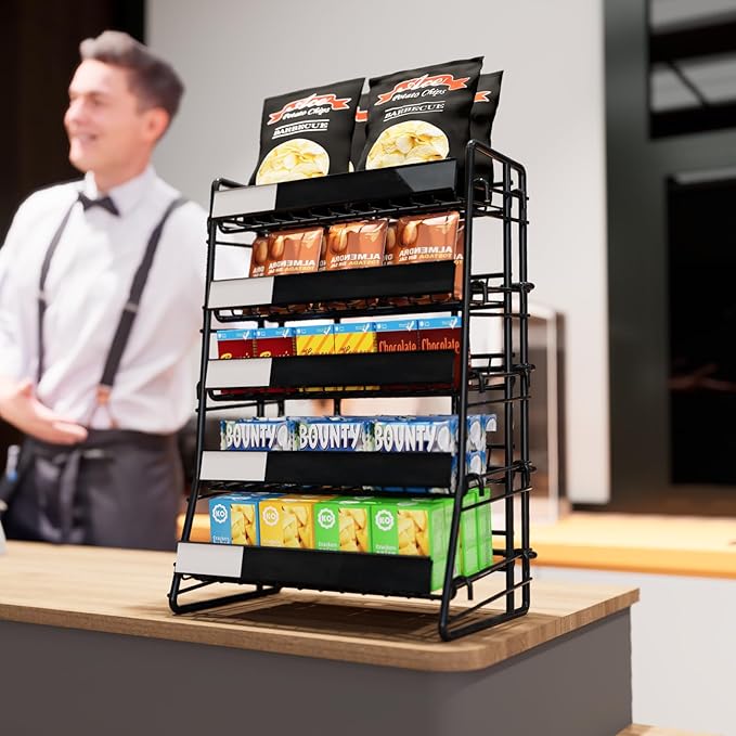 Candy Display Rack Black Snack Rack 5 Tier Metal Snack Organizer for Counter Retail Display Shelf for Store Concession Kitchen