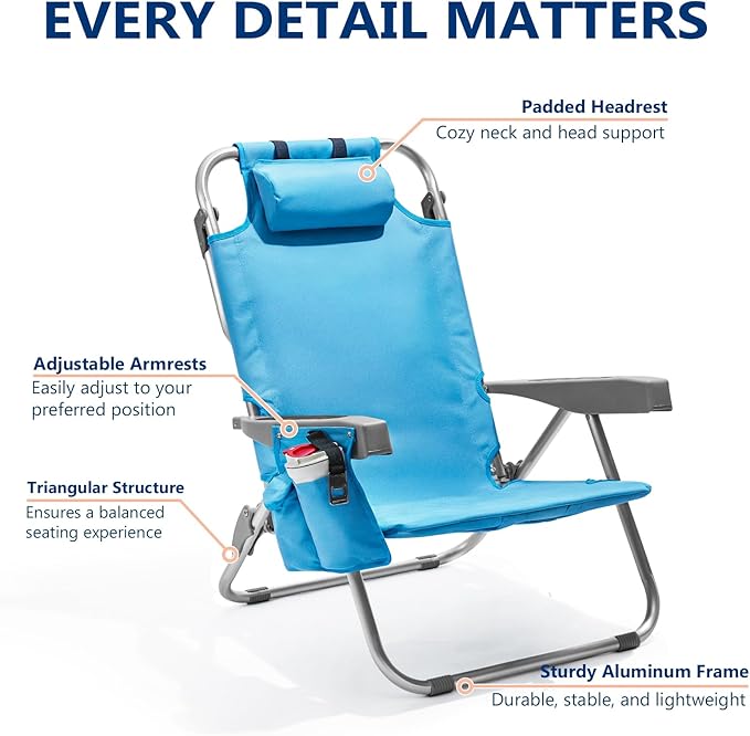 PASAMIC Backpack Beach Chairs for Adults 2 Pack Portable Lay Flat Reclining Beach Chairs with 5 Positions Tall Heavy Duty Folding Chair with Cup Holder Cooler Pouch Towel Bar Blue