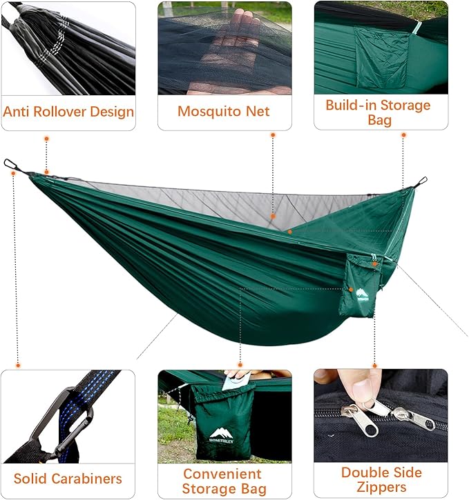 Camping Hammock - Portable Hammock with Mosquito Net Lightweight Backpacking Hammocks Swing Camping Accessories for Indoor Outdoor Beach Backyard Patio Travel Hiking
