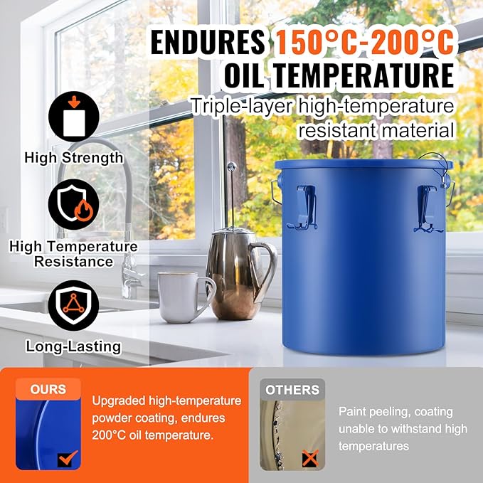 VEVOR Fryer Grease Bucket - 6 Gal Carbon Steel Oil Disposal Caddy with Rust-Proof Coating Transport Container with Lid Lock Clips Filter Bag for Hot Cooking Oil Filtering