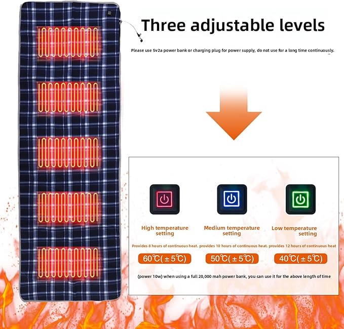 USB Heated Sleeping Bag Pad Heated Sleeping Bag Liner with 5 Heating Zones 3 Temperature Levels for Cold Weather Camping Backpacking Hiking