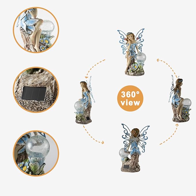 Garden Fairy DecorSolar Outdoor Statues Fairy Garden Accessories Fairy Figurine for Outside GiftsResin Ornaments for Patio Yard LawnSize6.89 x 5.24x 12.68 inches