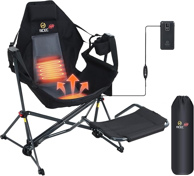 Nice C Heated Hammock Camping Chair with Footrest Heated Camping Chair with Battery Rocking Swing Chairs Hammock Chairs with Stand Heavy Duty (1 Heat Black W/Footrest)