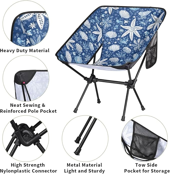 Honeybaby Folding Camping Chair Starfish Shells Theme Camping Chairs Lightweight Portable Chair Outdoor Foldable Chairs for Camping Travel Picnic Beach Hiking