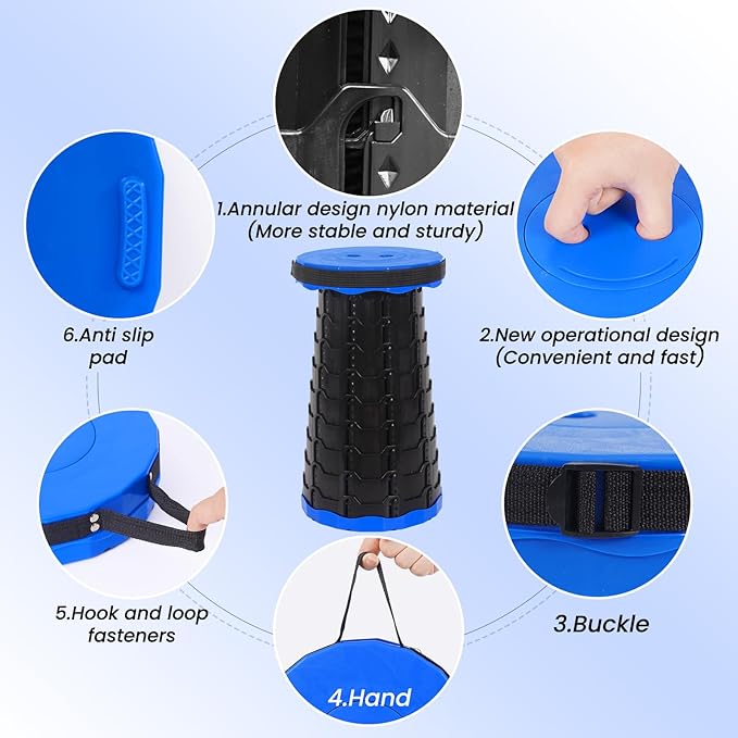 2 Pack Portable Telescoping Stools Collapsible Stool with CushionRetractable Foldingstool Max Load Capacity 400lbs Portable Collapsible Stools for Camping Hiking Outdoor BBQ Black-Blue