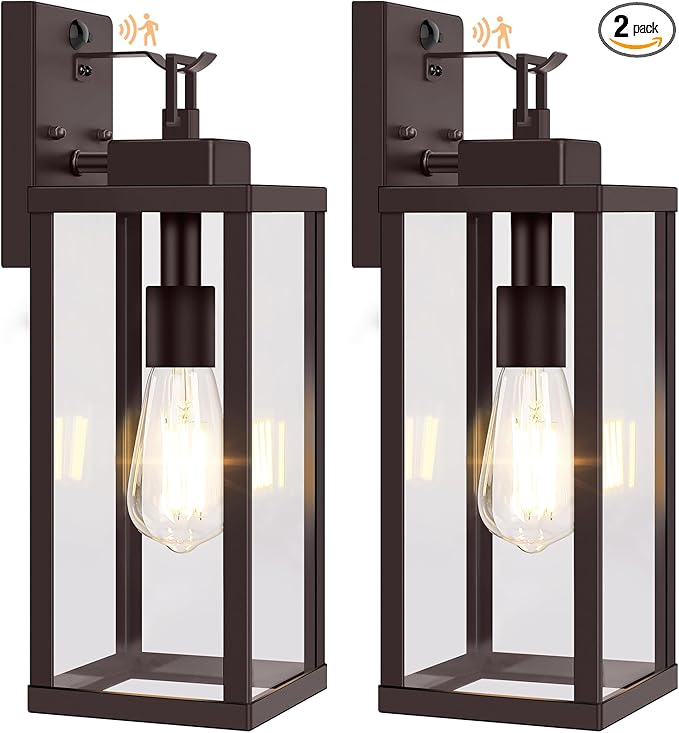 BesLowe 16” Upgraded Motion Sensor Outdoor Wall Lights Dusk to Dawn Porch Lights Outdoor Wall Sconces 3 Lighting Modes Exterior Lighting Fixtures with Hooks Brown Outside Lights for House 2-Pack