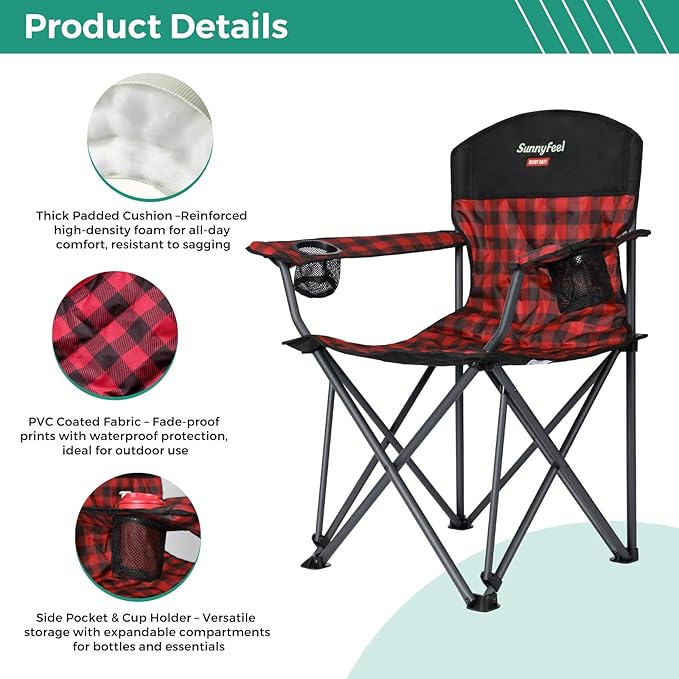 SUNNYFEEL Oversized Folding Camping Chair 2 Pack 800 LBS Heavy Duty for Big Tall People Red Padded Portable Collapsible Chairs with Armrest Cup Holder &amp Pocket for Outdoor Travel Picnic Camp Sport
