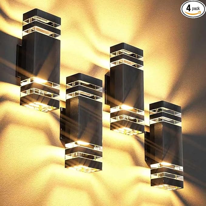 GEYANG Modern Outdoor Wall Light: 14W 3000K Aluminum Up Down LED Fixture with Bulb - Waterproof Lighting for Garage and Driveway - Home Wall and Backyard Light - Exterior House Fixture - 4 Pack