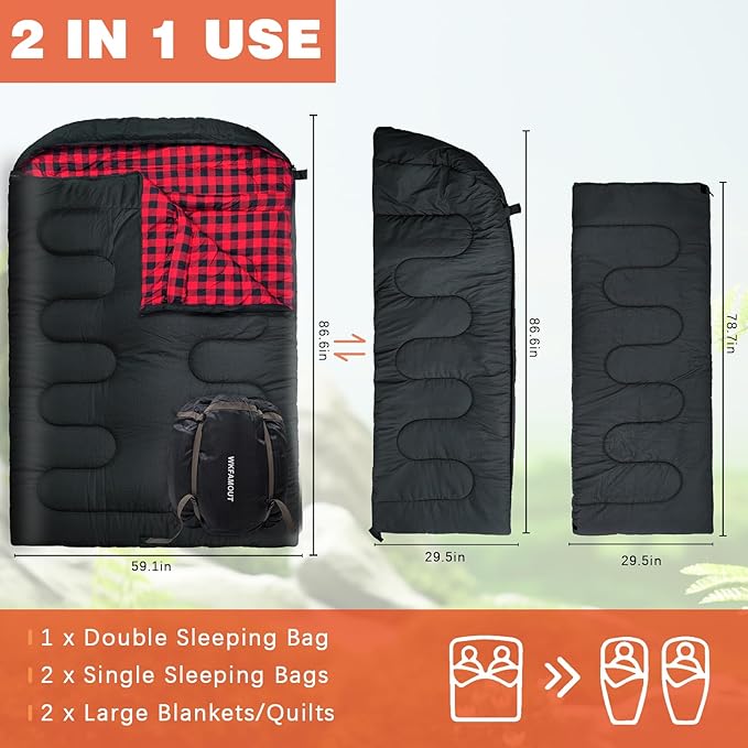 0 Degree Double Sleeping Bag for Adults Queen Size 2 Person Sleeping Bag for Cold Weather with Compression Sack for Car Camping Hunting and Tent Camp