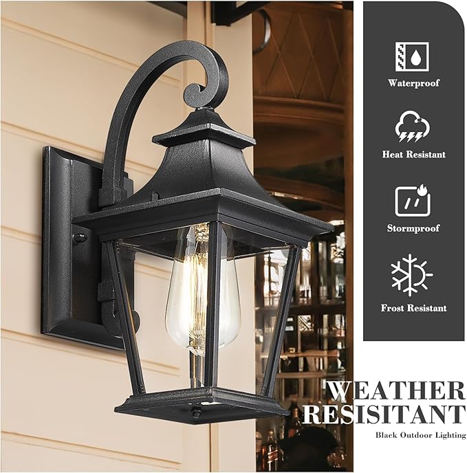 Emliviar Outdoor Wall Lights 2 Pack - Exterior Porch Lights Wall Mount in Black Finish with Clear Glass XE219B-2PK BK