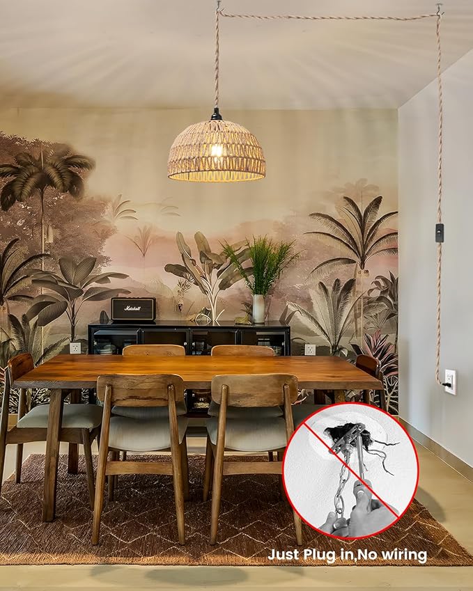 Rattan Hanging LampBoho Pendant LightsPlug in Cord Hanging Rattan LightPlug Into Wall Outlet Pendant Light Fixture On/Off Switch for LivingDinner RoomBedroomKitchenfor E26without Bulb