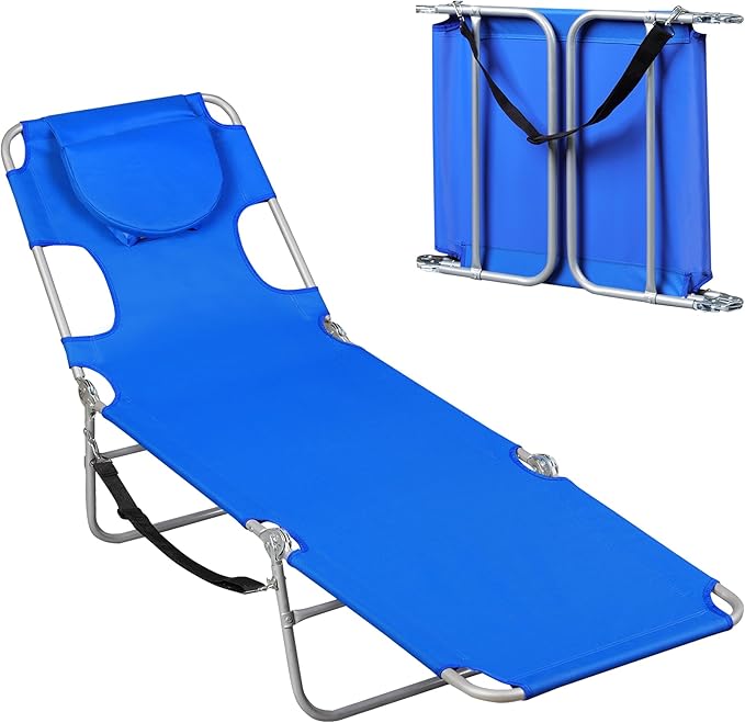 WLIVE Beach Lounge Chair for Adults 4-Position Folding Tanning Chairs with Face Hole 2 Legs Support Portable Outdoor Chair for Beach Pool Blue
