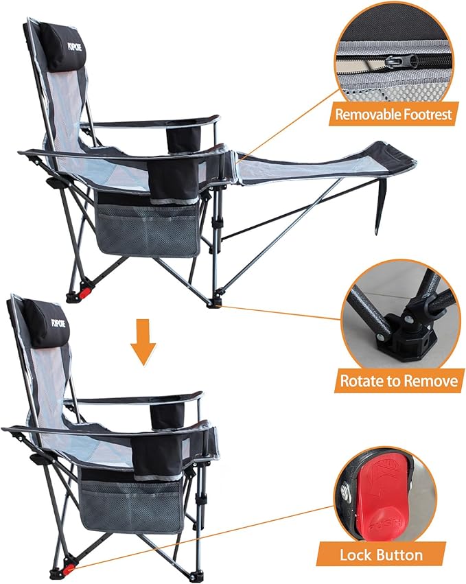 Reclining Camping Chair with Removable Footrest Lounge Chair with Headrest Cotton Cushion Portable Adjustable Folding Chairs