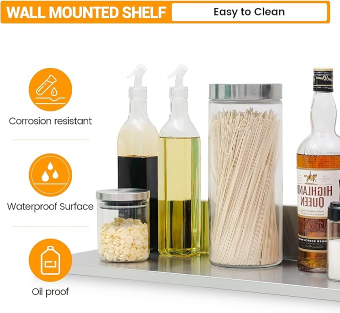 Stainless Steel Wall Shelf 8.6x24 60LB 2 Packs L-Shaped Commercial Wall Mount Floating Shelving for Kitchen Restaurant Home