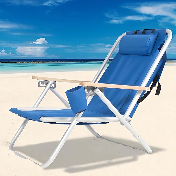 Beach Chairs for Adults 5 Level Adjustable Positions Beach Chair with Headrest Cup Holder Towel Rack &amp Armrests Lightweight Portable Lay Flat Camp Chairs for Lawn Concert Garden Picnic Blu