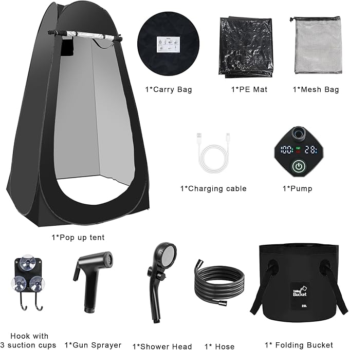 Pop Up Shower Tent for Camping Portable Outdoor Privacy Shower Tent with 6000mAh Rechargeable Shower