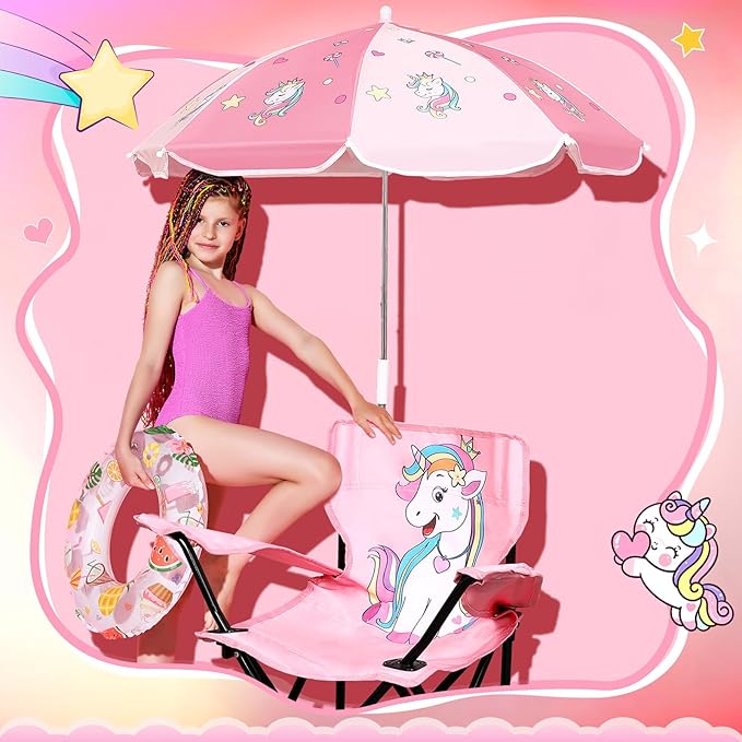 Outdoor Toddler Camping Chair with Umbrella Foldable Beach Chairs with Safety Lock for Kids Waterproof Lawn Kids Folding Chair for Outside Beach Travel(Unicorn)