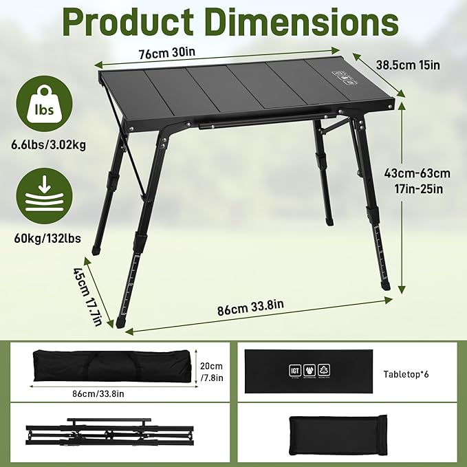 Folding IGT Camping Table Portable Outdoor IGT Cooking Camping Tables Ultra-Lightweight Aluminum Foldable Camping Table with Carry Bag for Car Camping Picnics RV Travel and BBQ