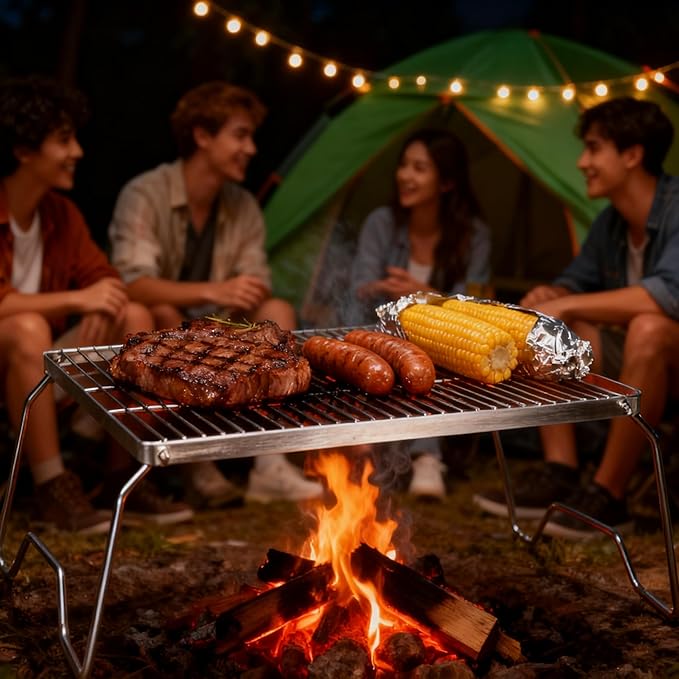 15.8 Folding Campfire Grill 304 Stainless Steel Portable Firepit Grate for Camping Hiking Picnics