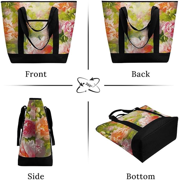 Insulated Shopping BagLarge Reusable Cooler Bags Bright Peonies Printed Foldable Shopping BagTravel Waterproof Shoulder Bag