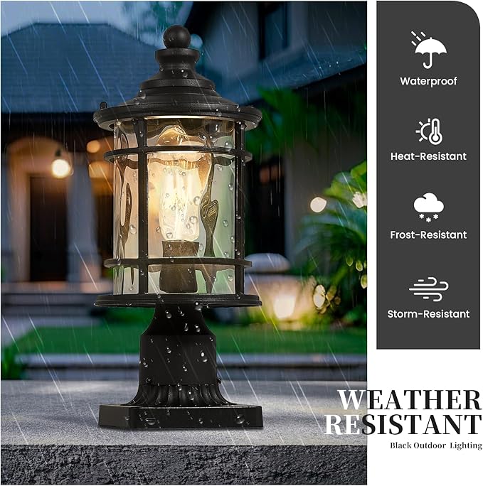 Outdoor Post Light Pole Lantern 14.9 Inch Height Lamp Post Light Fixture Aluminum Material Water Ripple Glass Black Outdoor Pillar Lights Hard Wired E26 Socket