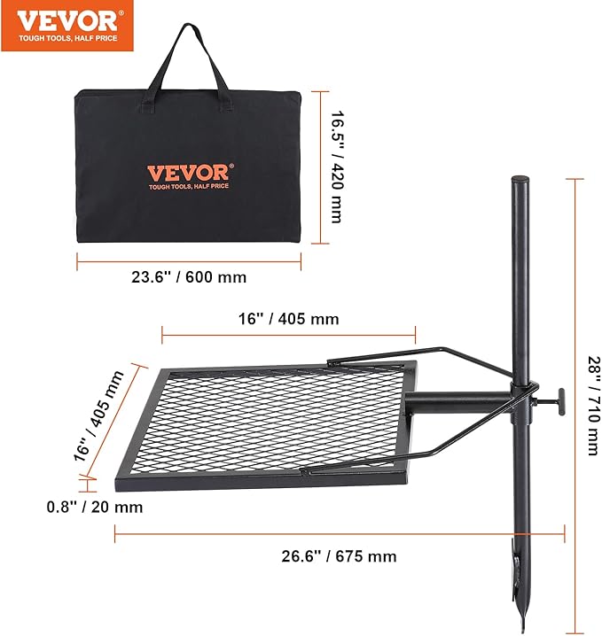 VEVOR Swivel Campfire Grill Fire Pit Grill Grate over Fire Pits Heavy Duty Steel Grill Grates 360° Adjustable Open Fire Outdoor Cooking Equipment Portable Camp Fire Racks for Camping Outdoor BBQ