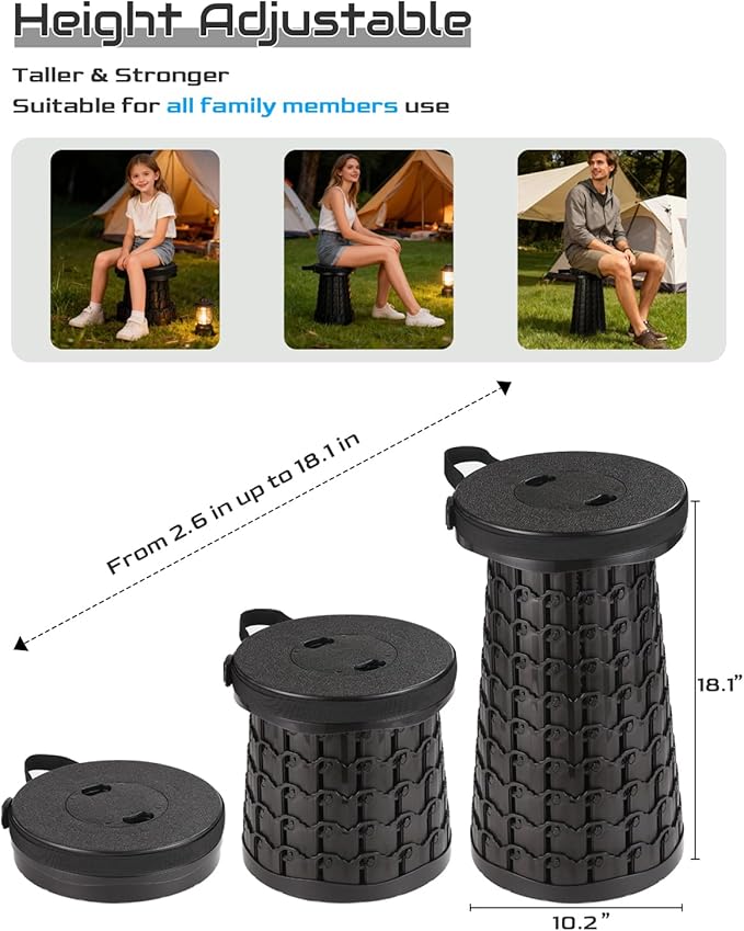 2025 Heavy Duty Collapsible Stool | 600lbs Capacity 18-in Tall Lightweight 2.6lbs Portable Retractable Telescoping Stool for Adults Camping Fishing Hiking Travel BBQ