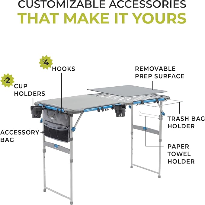 CORE Outdoor Cook Table | 4 Foot Table with Adjustable Height and Storage for Cooking Accessories | Foldable &amp Portable for Beach Picnic Backyards BBQ Tailgate Patio and Party