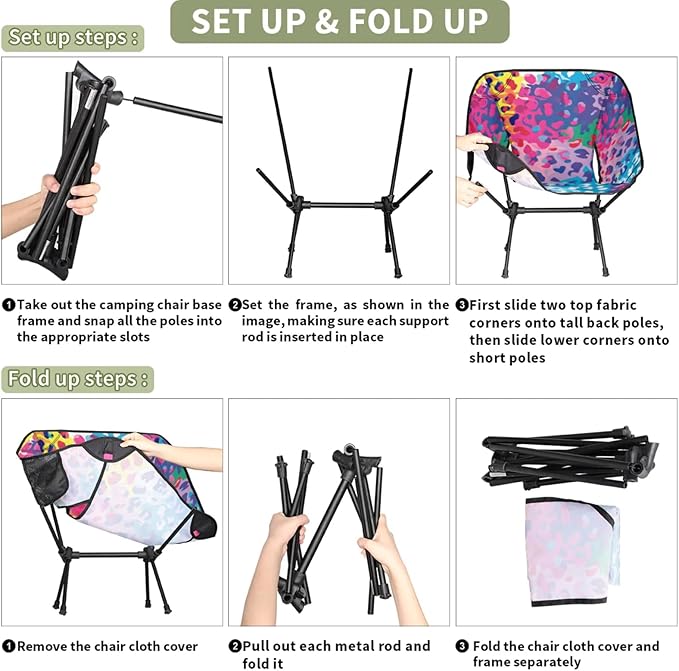 Honeybaby Folding Camping Chair Colorful Leopard Print Camping Chairs Lightweight Portable Chair Outdoor Foldable Chairs for Camping Travel Picnic Beach Hiking