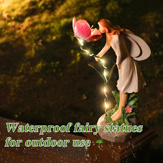 Fairy Garden Statue Outdoor Decor Solar Powered Garden Sculptures Fairy Resin Statues Waterproof Pink Flower Solar LED Lights Yard Art Decorations for Outside Patio Lawn Decor