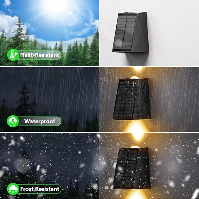 2 Pack Solar Wall Lights Outdoor Waterproof Up and Down 2 LED Fence Sconce for House Patio Porch Yard Garden Garage and Pool for Security and Decorative Lighting Wall Mounted Install(Warm White)