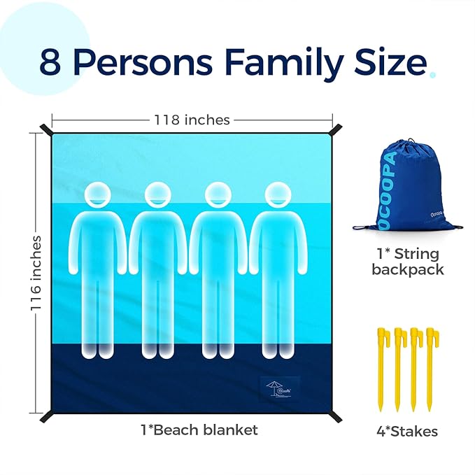 OCOOPA Beach Blanket Extra Large Sandproof Waterproof Picnic Mat 8 Persons Family Size Sand Free Comfortable Durable Parachute Nylon 210T Lightweight 4 Stakes&amp1 Travel Bag S09
