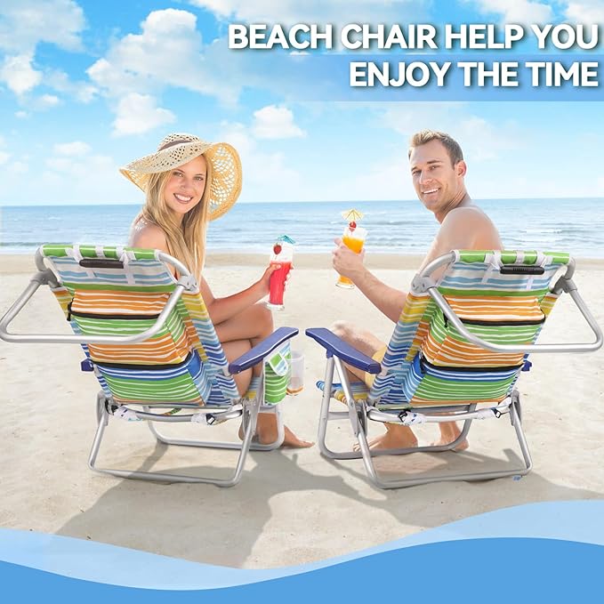 OFIKA Backpack Beach Chairs for Adults Folding Beach Chairs with 5 Adjustable PositionsCamping Chairs with HeadrestTowel Rack and Cup HolderSupports up to 300lbs (Colorful 4 Pack)