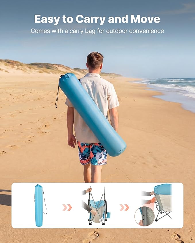 VEVOR Folding Beach Chair High Back Camping Chairs for Adults with Cup Pocket Mesh Back Carry Bag Portable Extra Wide Seat Chair 330 lbs Heavy Duty Support for Outdoor Camp Light Blue